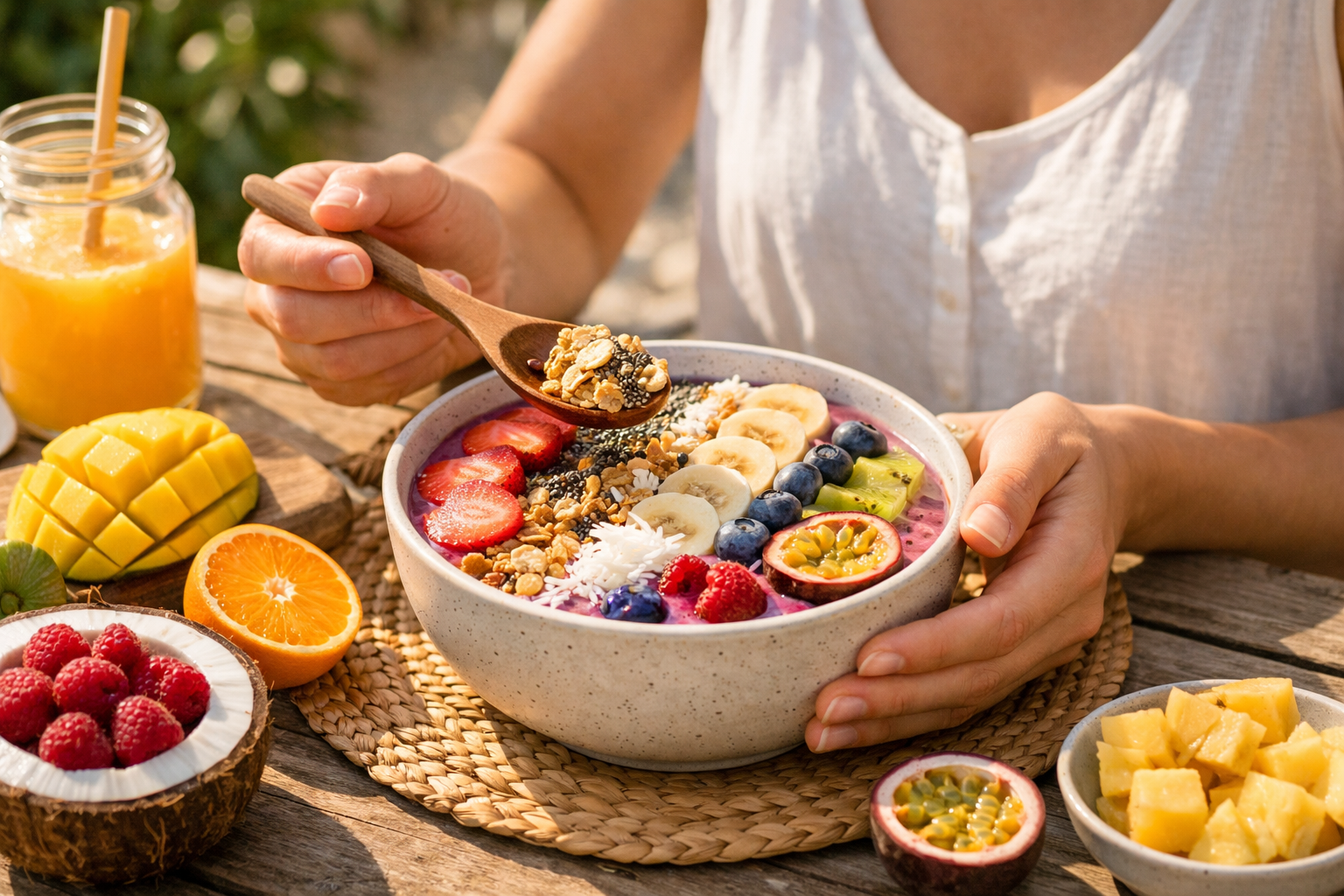 Osoba s barevným smoothie bowl na ranním slunci